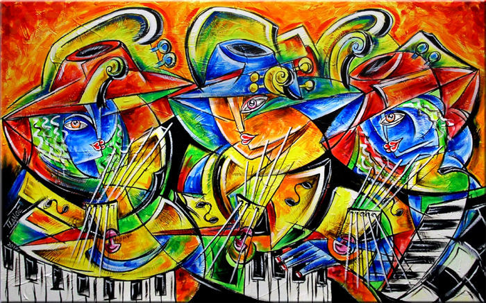 Painting titled "Musical Trio - Musi…" by Thomas Lange, Original Artwork, Acrylic
