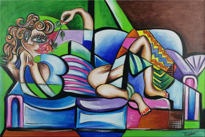 Painting titled "Feminine Relaxation…" by Thomas Lange, Original Artwork, Oil Mounted on Wood Stretcher frame