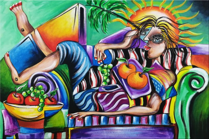 Pintura intitulada "Chillout Woman #987" por Thomas Lange, Obras de arte originais, Óleo Montado em Armação em madeira