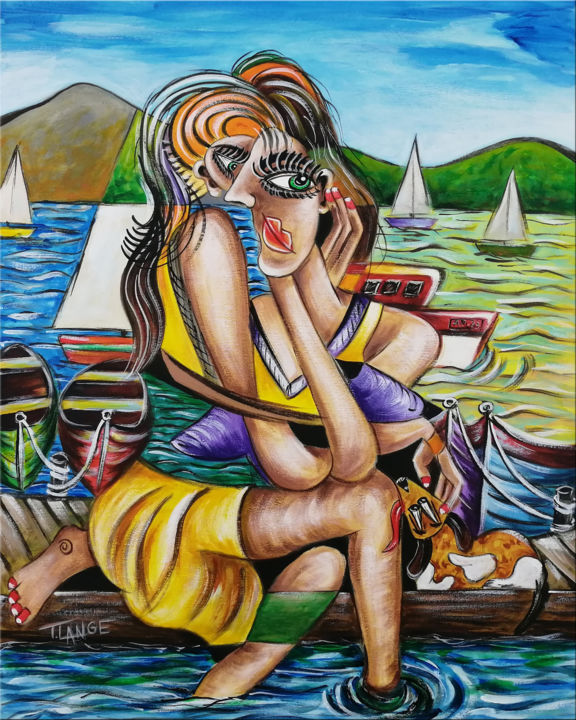 Painting titled "Woman Chillout #M19" by Thomas Lange, Original Artwork, Oil Mounted on Wood Stretcher frame