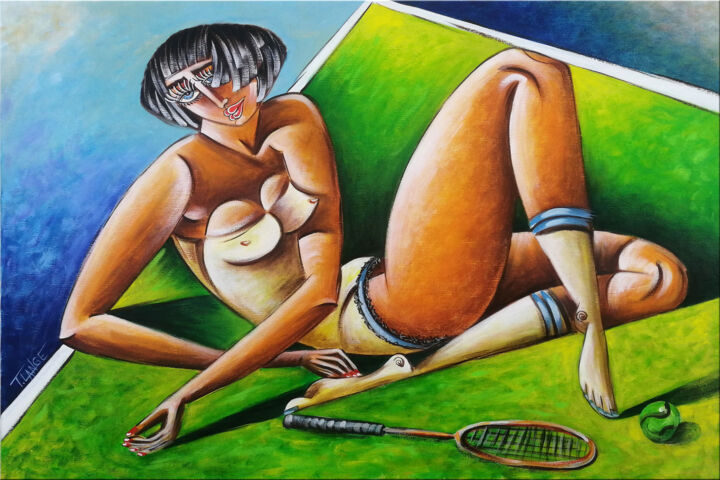 Painting titled "Woman Chillout #M67" by Thomas Lange, Original Artwork, Oil Mounted on Wood Stretcher frame