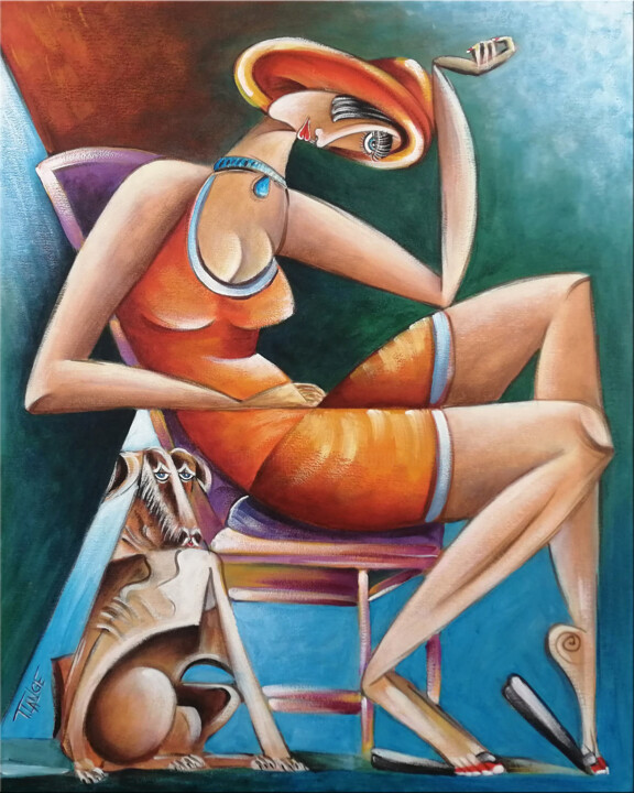 Painting titled "Woman Chillout #M142" by Thomas Lange, Original Artwork, Oil Mounted on Wood Stretcher frame