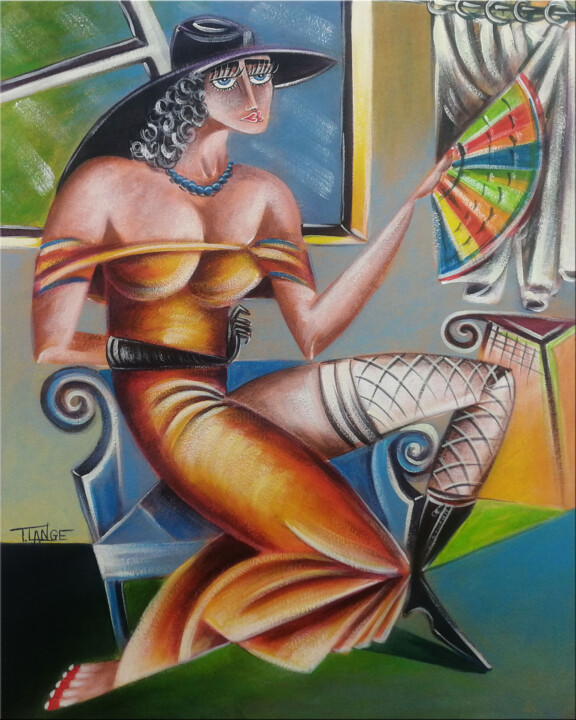 Painting titled "Woman Chillout #M236" by Thomas Lange, Original Artwork, Oil Mounted on Wood Stretcher frame