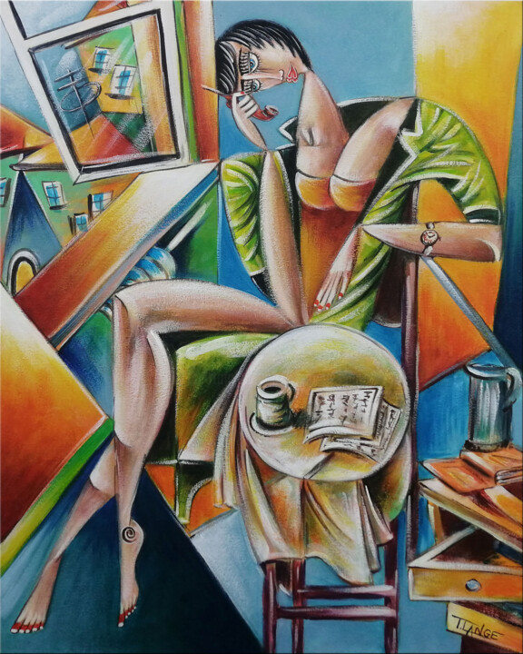 Painting titled "Woman Chillout #M244" by Thomas Lange, Original Artwork, Oil Mounted on Wood Stretcher frame