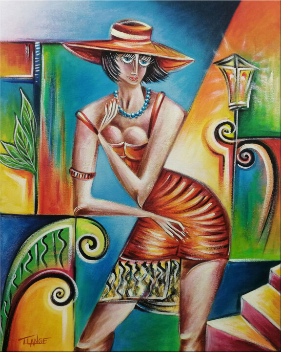 Painting titled "Woman Chillout #M247" by Thomas Lange, Original Artwork, Oil Mounted on Wood Stretcher frame