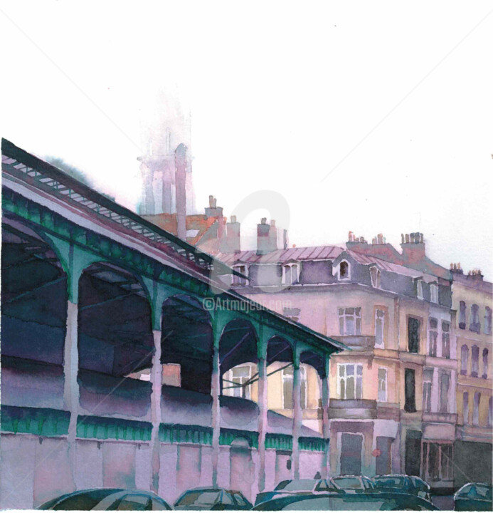 Painting titled "Marché de Lille 2" by Thomas Liébart, Original Artwork, Watercolor