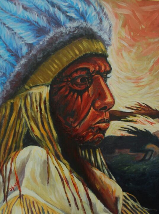 Peinture intitulée "indian chief [acryl…" par Terra Bantu, Œuvre d'art originale, Huile