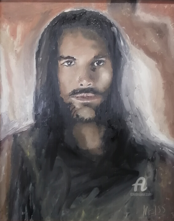 Painting titled "Portrait of Jesus C…" by Thomas Weiss, Original Artwork, Oil Mounted on Cardboard