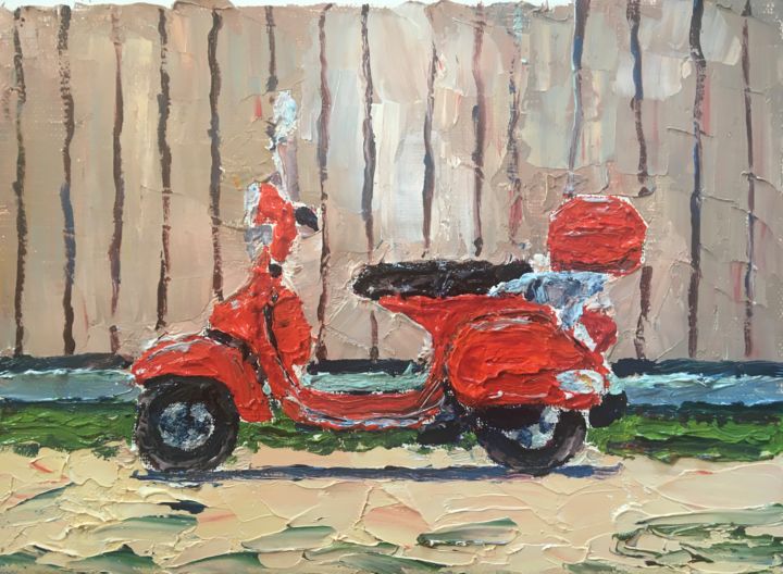Painting titled "La Vespa" by Thomas Grotzky, Original Artwork, Oil Mounted on Wood Stretcher frame
