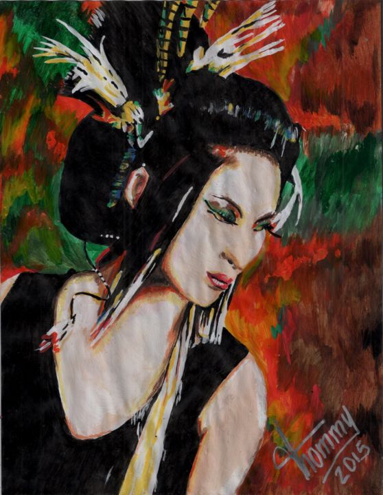 Peinture intitulée "Geisha Moderna" par Thommy, Œuvre d'art originale, Tempera
