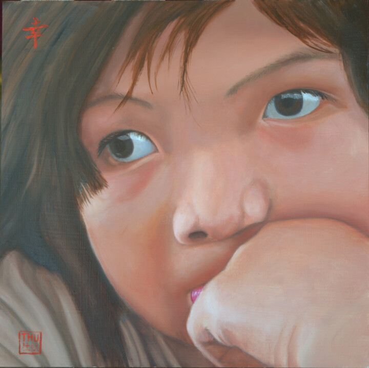 Painting titled "A Sad Story" by Thu Nguyen, Original Artwork, Oil Mounted on Metal
