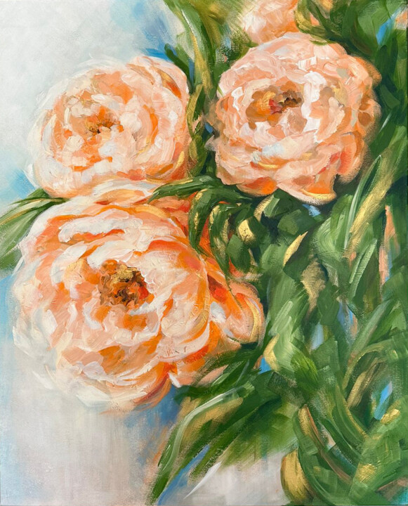 Painting titled ""SOLAR PEONIES"" by Tiana Karapetian, Original Artwork, Acrylic Mounted on Wood Stretcher frame