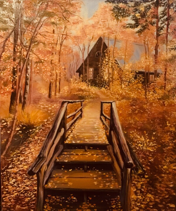 Картина под названием "Золотая осень" - Tatiana Fateeva, Подлинное произведение искусства, Масло Установлен на Деревянная ра…