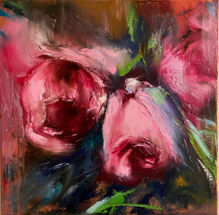 Картина под названием "Pink roses" - Tatiana Fateeva, Подлинное произведение искусства, Масло Установлен на Деревянная рама…