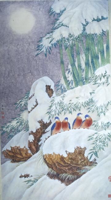 Painting titled "雪月" by Tian Xi Feng, Original Artwork, Oil