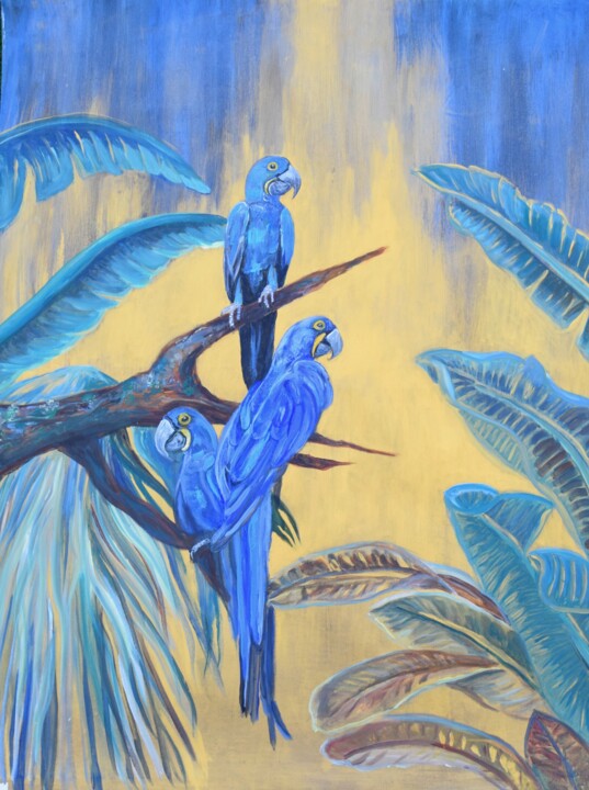 Pintura intitulada "Papagayos Azul fond…" por Tiba, Obras de arte originais, Acrílico
