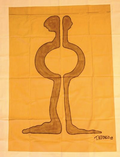 Textilkunst mit dem Titel "Patikolomba" von Tidiane Ndongo, Original-Kunstwerk, Acryl