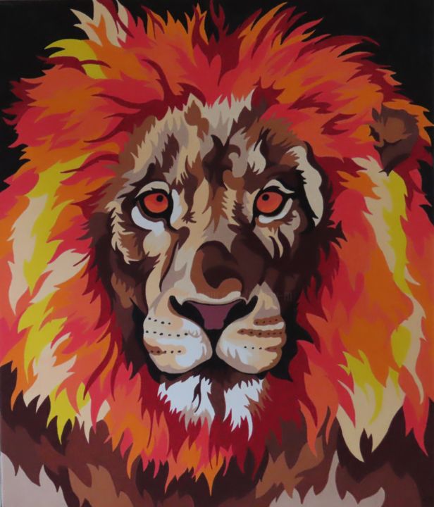 Peinture intitulée "LION à crinière rou…" par Tiffany M, Œuvre d'art originale, Acrylique Monté sur Châssis en bois