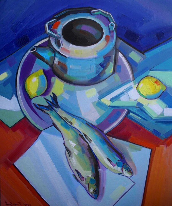 Painting titled "Still life with fis…" by Tigran Avetyan, Original Artwork, Oil