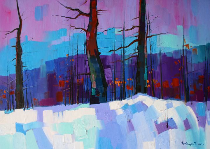 Painting titled "Winter landscape in…" by Tigran Aveyan, Original Artwork, Oil Mounted on Wood Stretcher frame