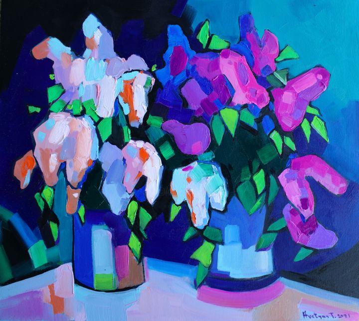 Painting titled "Lilac flowers-9 (50…" by Tigran Aveyan, Original Artwork, Oil Mounted on Wood Stretcher frame