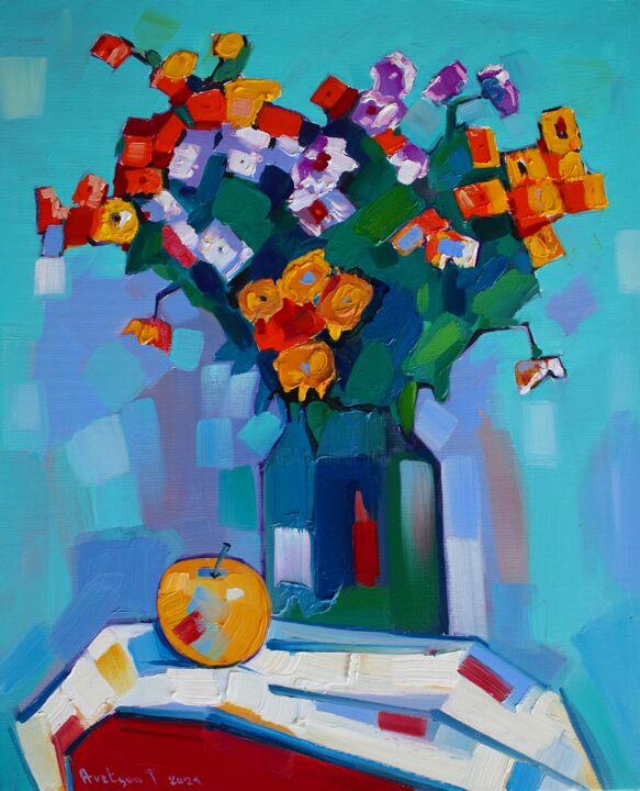 Картина под названием "Field flowers and a…" - Tigran Aveyan, Подлинное произведение искусства, Масло Установлен на Деревянн…