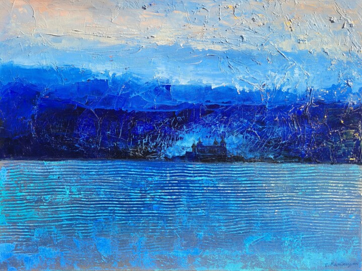 Painting titled "Island" by Tigran Mamikonyan, Original Artwork, Oil Mounted on Wood Stretcher frame