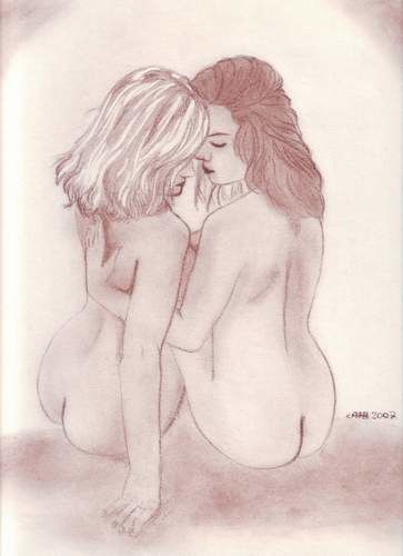 Dessin intitulée "Deux femmes câlines…" par Tigressia, Œuvre d'art originale