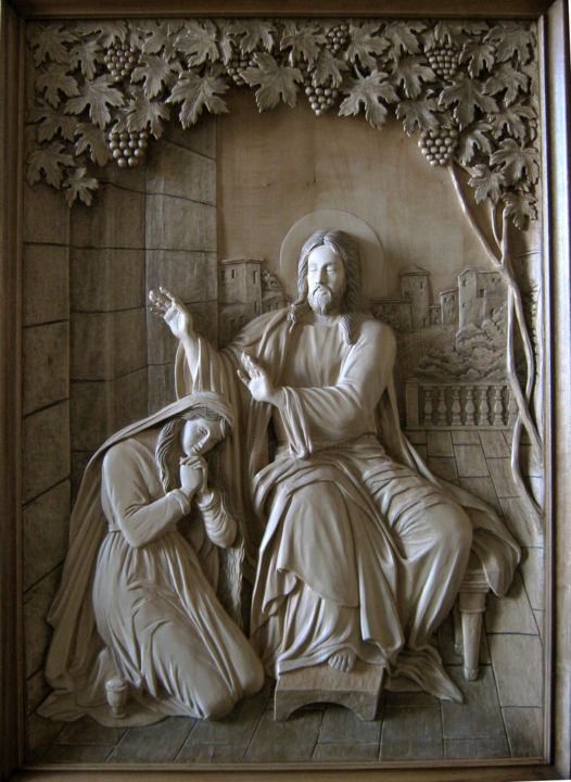 Sculptuur getiteld "" Иисус и Магдалина"" door Iurii Tikhii, Origineel Kunstwerk, Hout