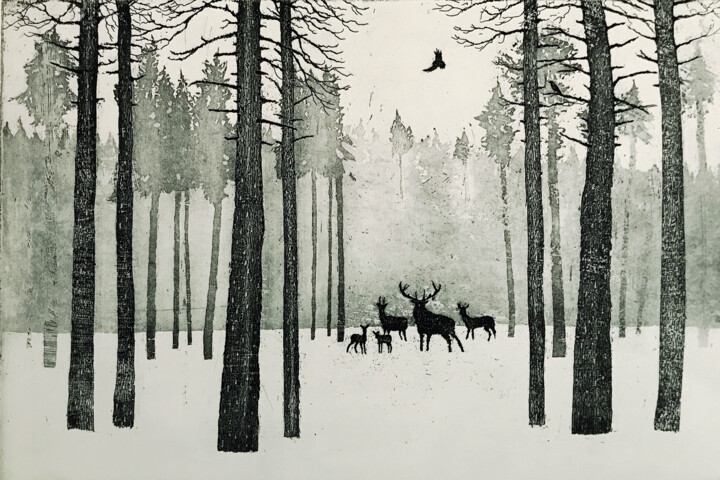 Printmaking titled "Deer in Winter" by Tim Southall, Original Artwork, Etching
