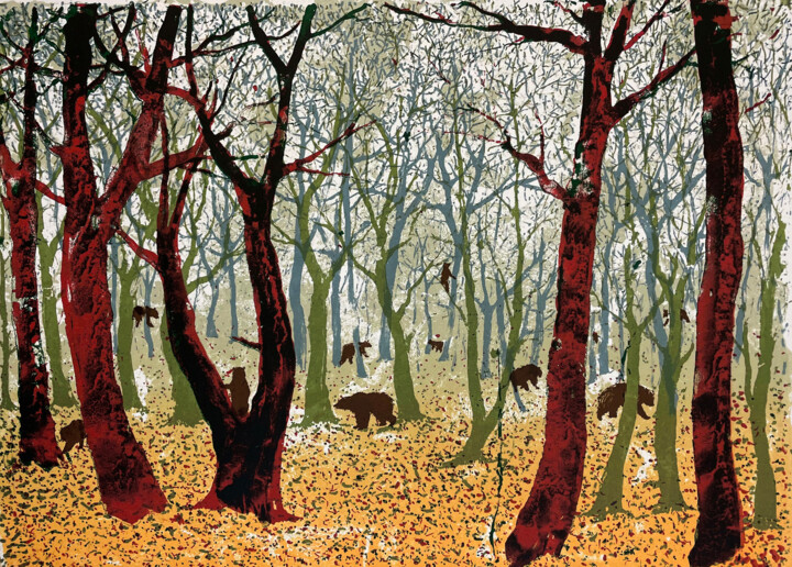 Druckgrafik mit dem Titel "Bears in the Woods" von Tim Southall, Original-Kunstwerk, Siebdruck