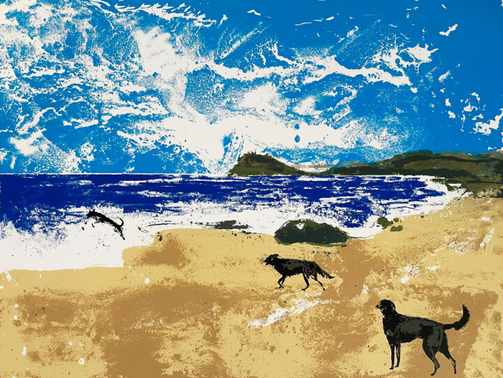 Gravures & estampes intitulée "Dogs on a Beach" par Tim Southall, Œuvre d'art originale, Sérigraphie