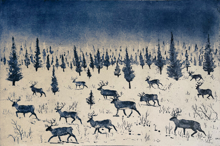Gravures & estampes intitulée "Where Reindeer Roam" par Tim Southall, Œuvre d'art originale, Eau-forte