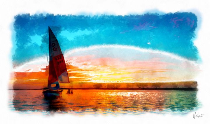 Digital Arts titled "Sail boat in the su…" by Time For Some Beauty, Original Artwork, 2D Digital Work