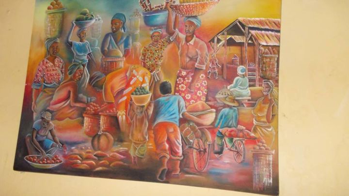 「market scenes」というタイトルの絵画 Timothy Owembabaziによって, オリジナルのアートワーク, オイル