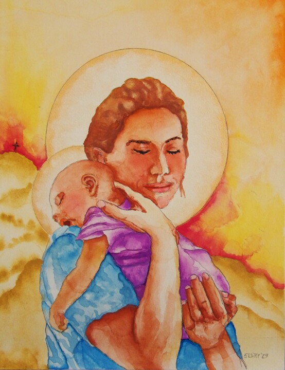 Painting titled "Madonna and Child" by Timothy Seery, Original Artwork, Watercolor