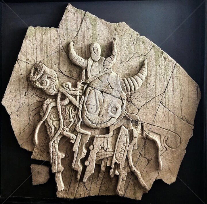 Sculpture titled "Babayaga" by Timur Tekbas, Original Artwork, Aerated concrete Mounted on Wood Panel