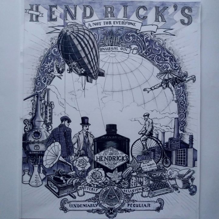Drawing titled "HENDRICKS" by Timo Mass, Original Artwork, Ink Mounted on Cardboard