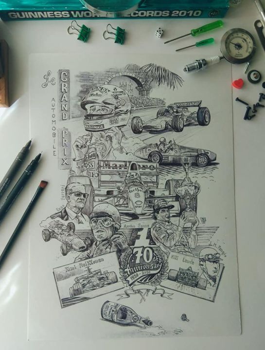 Drawing titled "FORMULA 1 70 YEARS…" by Timo Mass, Original Artwork, Ink