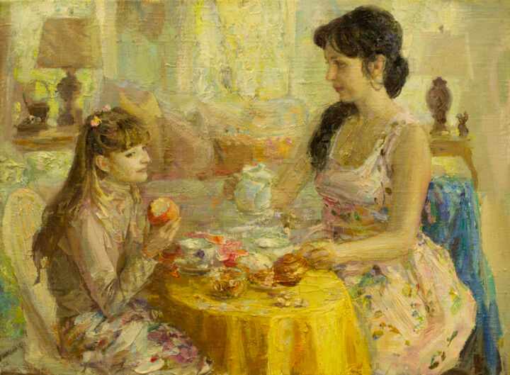 Painting titled "Tea time." by Tin Gali, Original Artwork, Oil