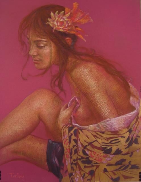 Painting titled "Girl in pink." by Tin Gali, Original Artwork, Pastel