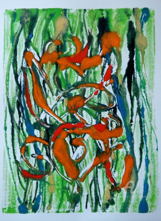 Gravures & estampes intitulée "Orange and Green." par Tina Lane, Œuvre d'art originale