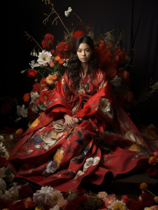 Arts numériques intitulée "Girl in Kimono Seri…" par Tina Liao, Œuvre d'art originale, Image générée par l'IA