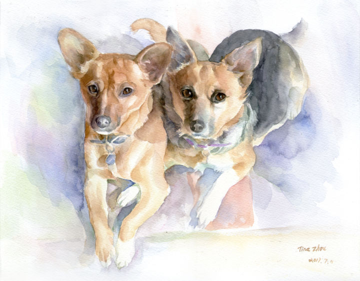绘画 标题为“Two Dogs Portrait C…” 由Tina Zhou, 原创艺术品, 水彩