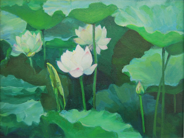 Картина под названием "Lotus Oil Painting" - Tina Zhou, Подлинное произведение искусства, Масло