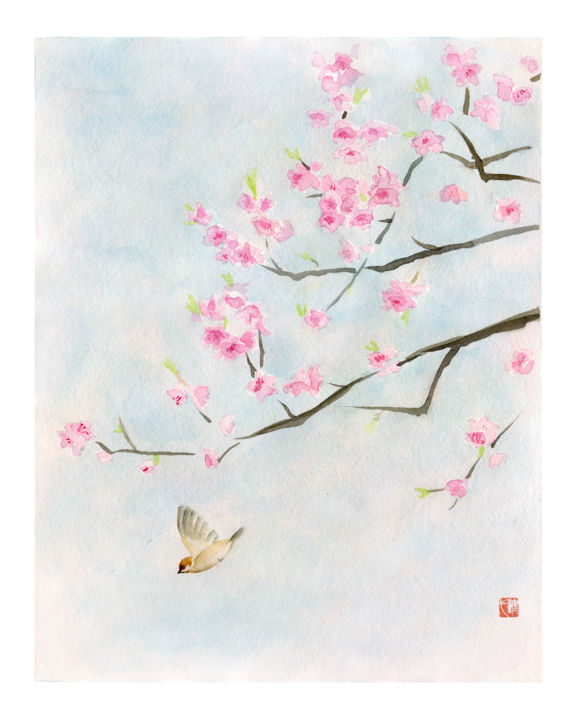 Schilderij getiteld "Cherry blossom bran…" door Tina Zhou, Origineel Kunstwerk, Aquarel