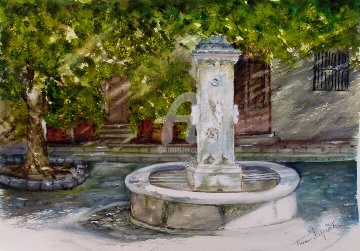 Painting titled "Fontaine en Provenc…" by Tina Verpoorten, Original Artwork, Watercolor