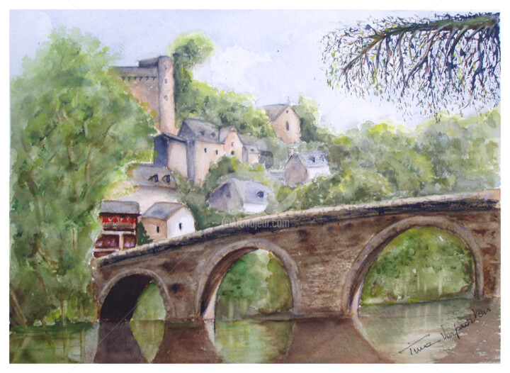 Painting titled "Pont sur la Dordogne" by Tina Verpoorten, Original Artwork, Watercolor