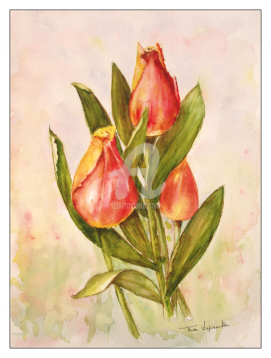 Pittura intitolato "Trois tulipes" da Tina Verpoorten, Opera d'arte originale, Acquarello