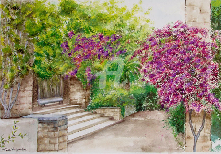Painting titled "jardin-d-andalousie…" by Tina Verpoorten, Original Artwork, Watercolor